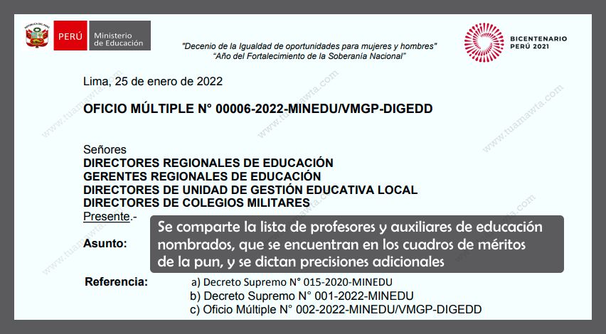 MINEDU: Lista de Profesores y Auxiliares nombrados que se encuentran en los  cuadros de méritos de la PUN . N° 006-2022-MINEDU/VMGP-DIGEDD | Tu  Amawta